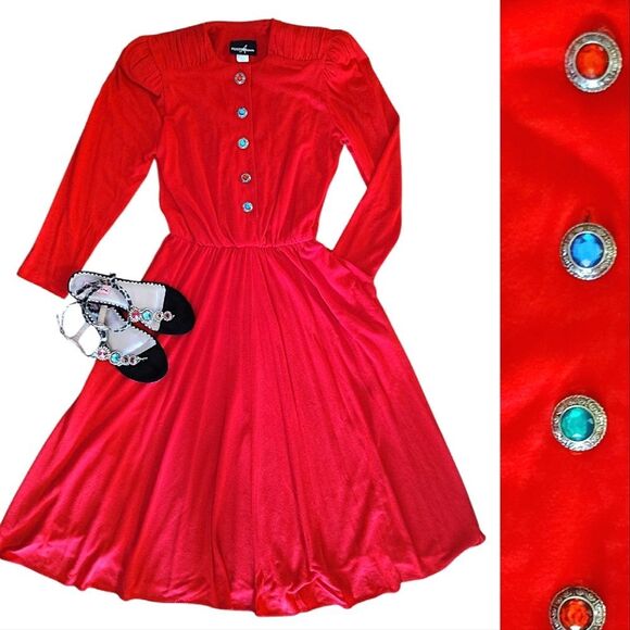 VTG 80s Red Colorful Jeweled Button Top Midi Party Dress 9/ 10 *Fits like Med - Picture 13 of 13
